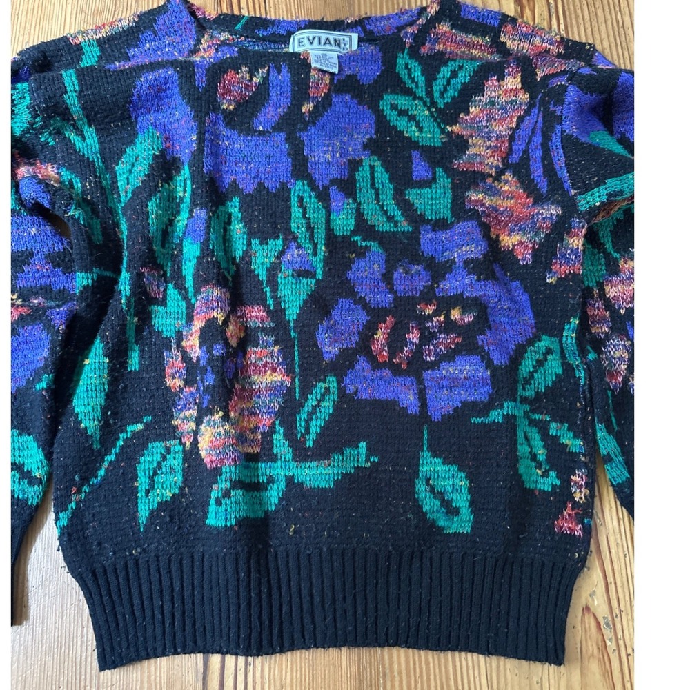 Evian Floral Sweater Women Black Vintage Boho Knit Pullover SIZE M - Picture 2 of 5